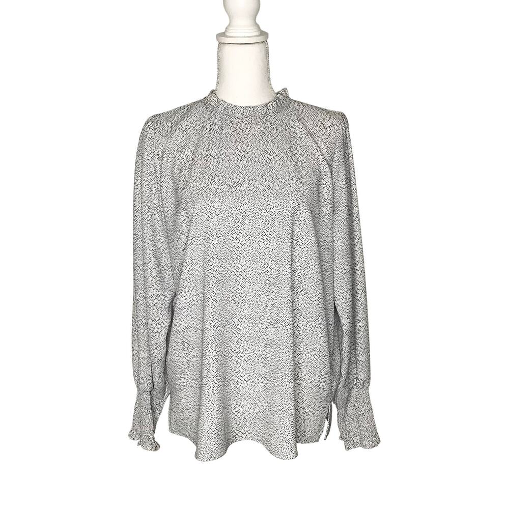 Maison d'Amelie Black White Polka Dot Ruffle Neck Smocked Cuffs Large